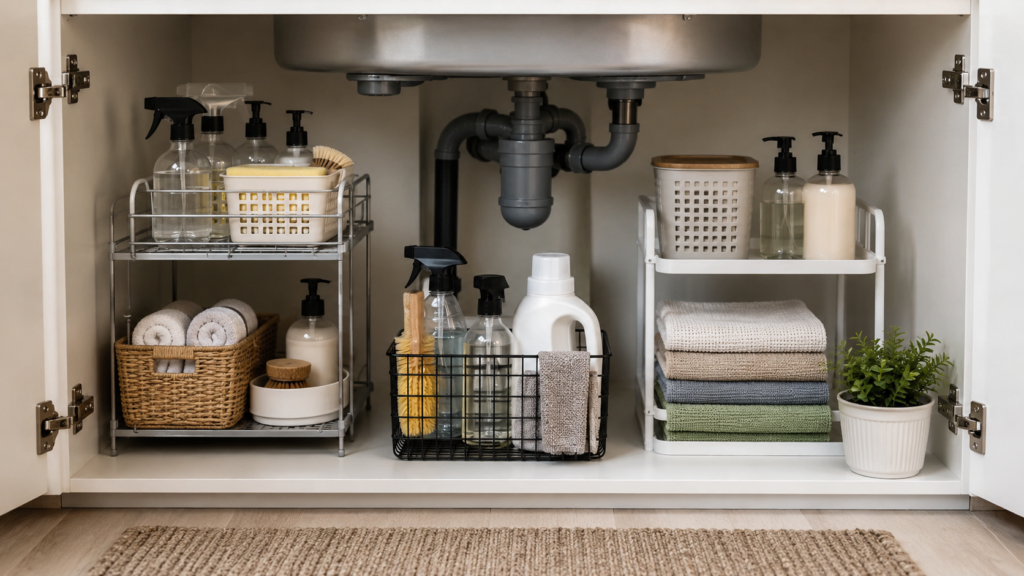 Organized under sink cabinet with storage shelves and cleaning supplies
