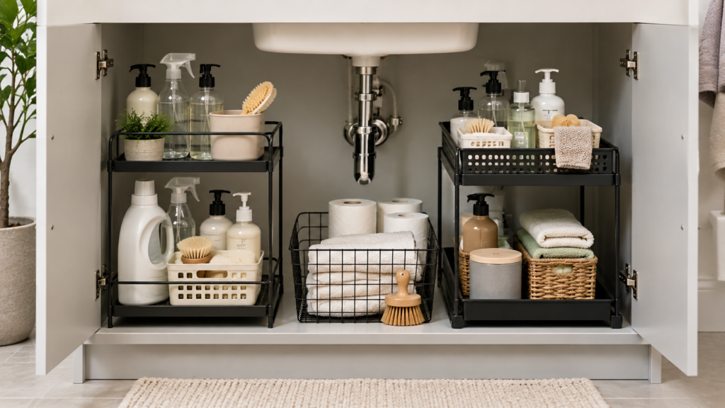 Bathroom vanity with neatly organized under sink storage baskets and towels