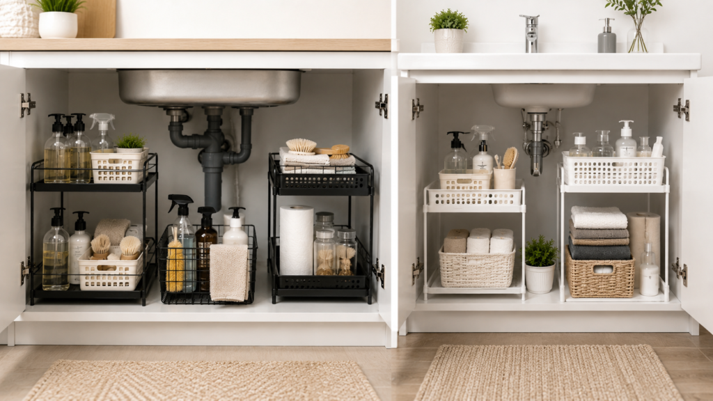 Modern kitchen and bathroom storage shelves in a clean minimalist home